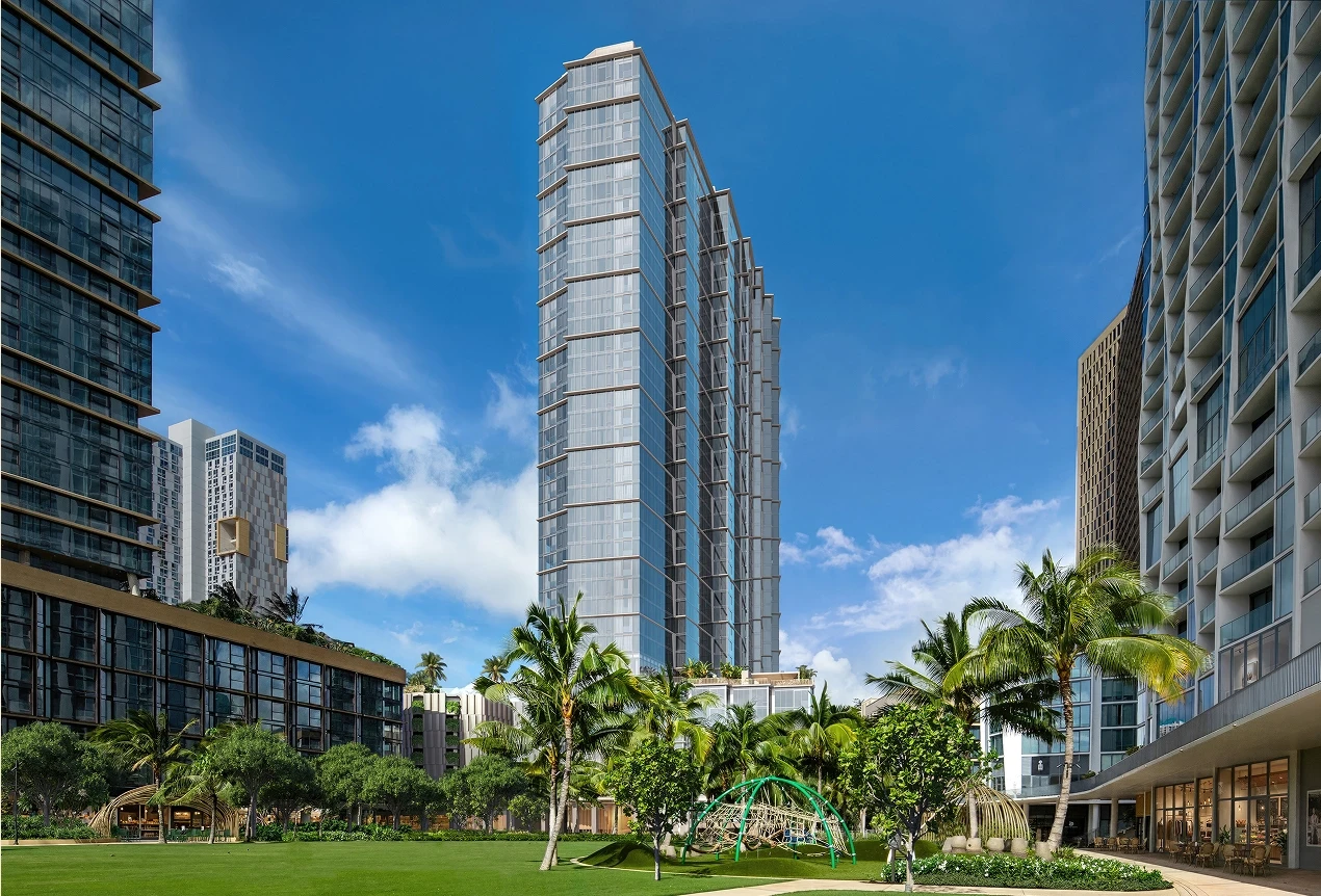 Artist's rendering of Mahana tower rising above Victoria Ward Park in Ward Village, Honolulu