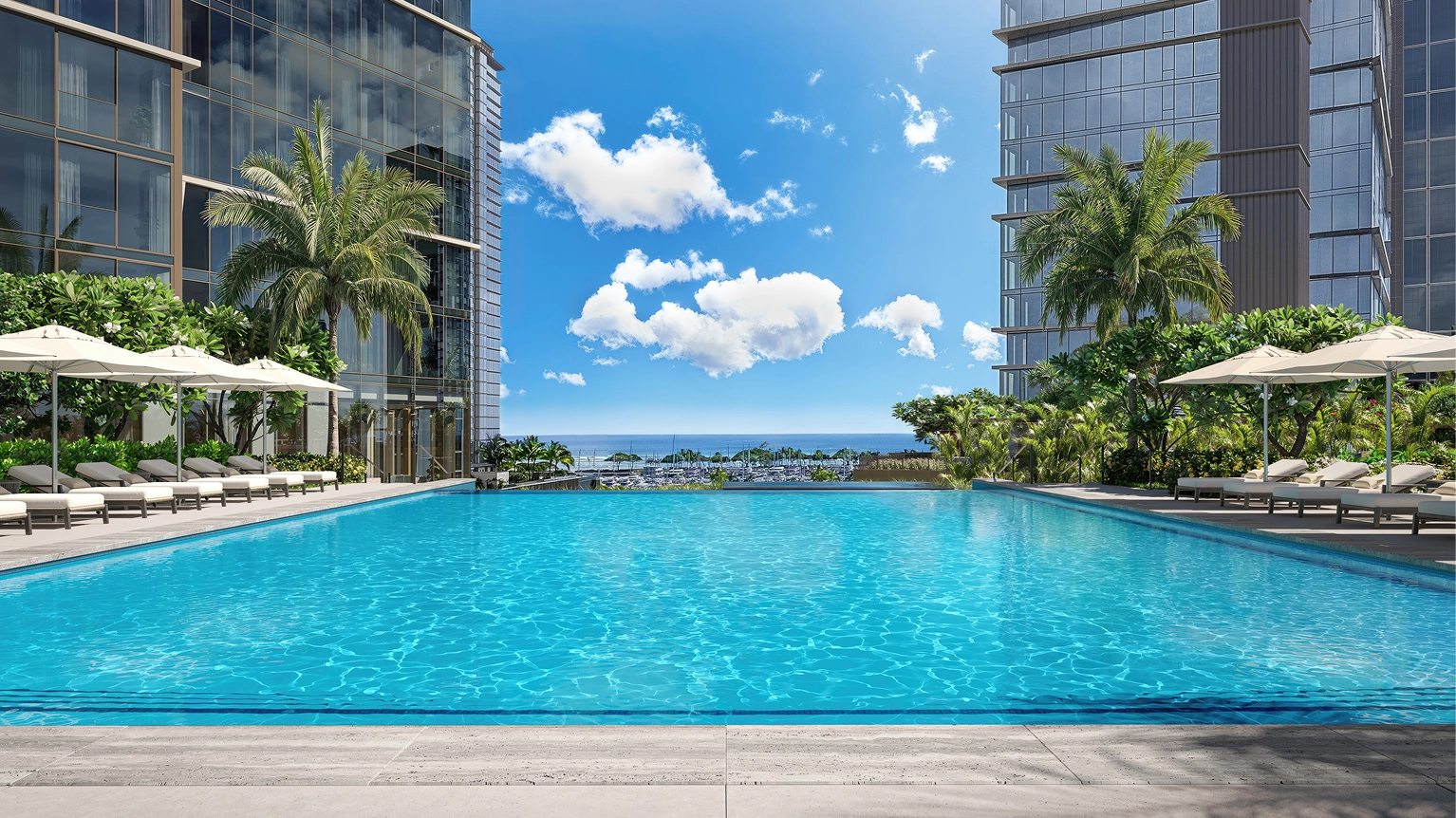 Artist's rendering of Mahana's amenity deck infinity pool overlooking the ocean