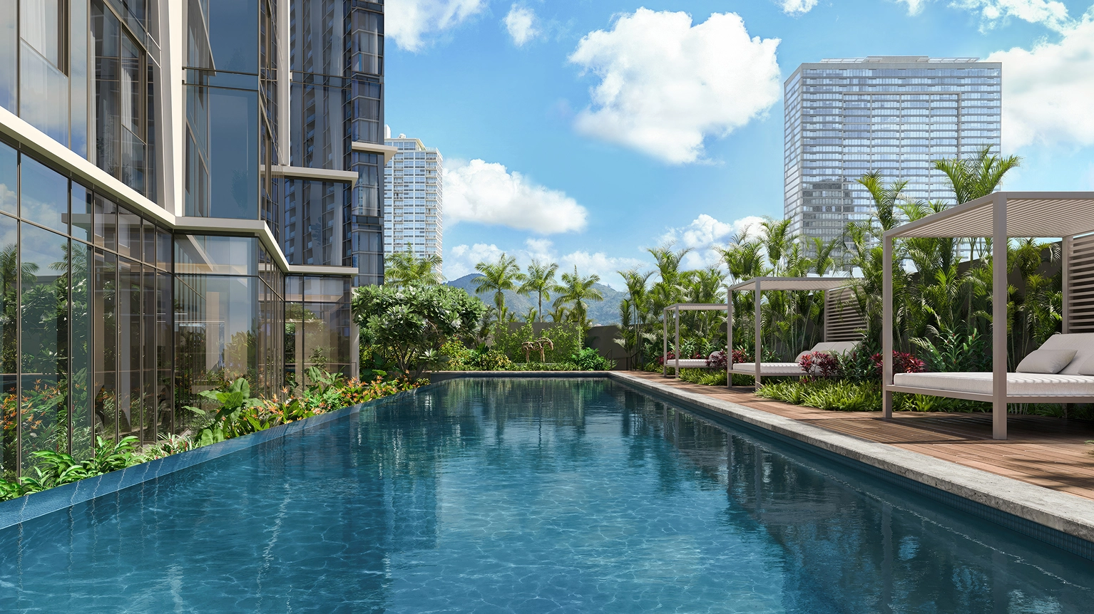 Artist's rendering of Mahana's lap pool lined with private cabanas