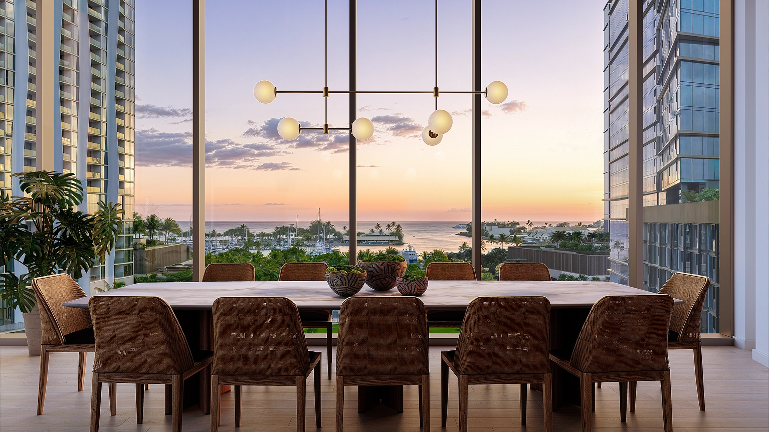 Artist's rendering of Mahana's private dining room at sunset with harbor views