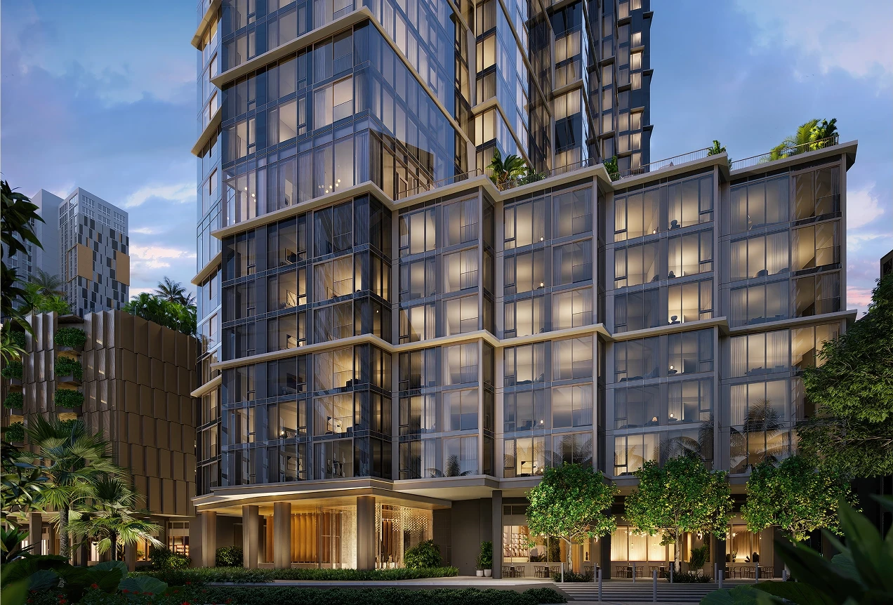 Artist's rendering of Mahana's staggered vista-wall bay windows glowing at dusk