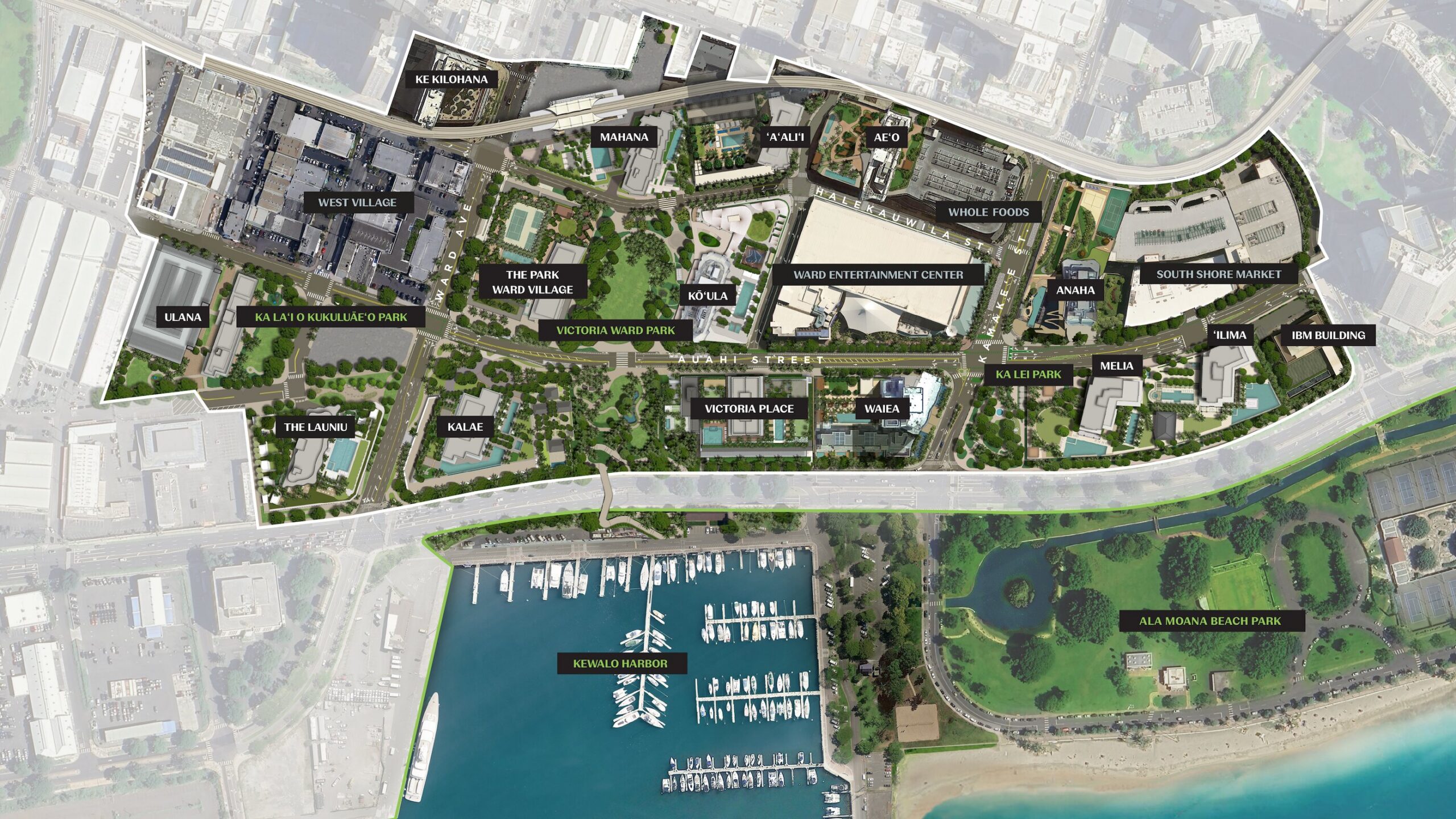 Ward Village master plan map showing Mahana's location within the sixty-acre neighborhood